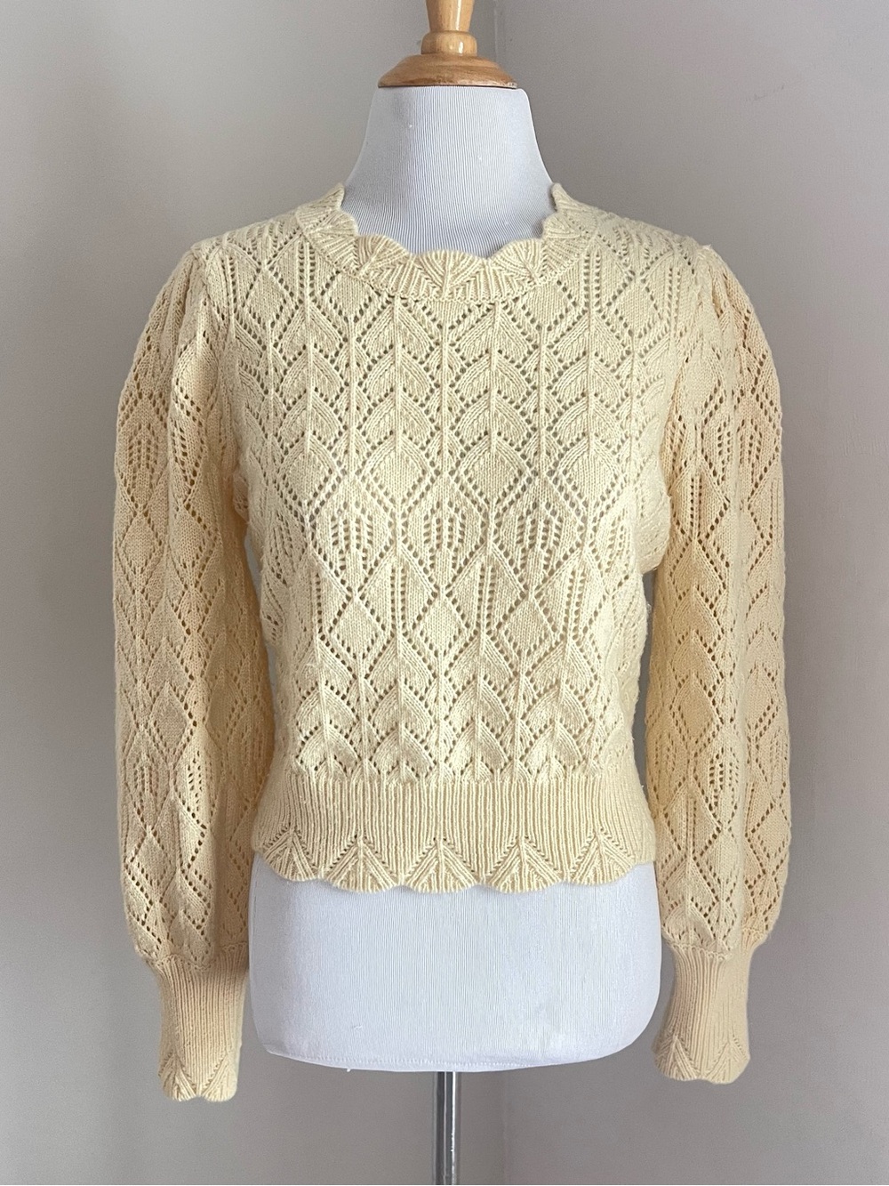 Joie Pastel Butter Yellow Diamond Pointelle Knit Crewneck Sweater